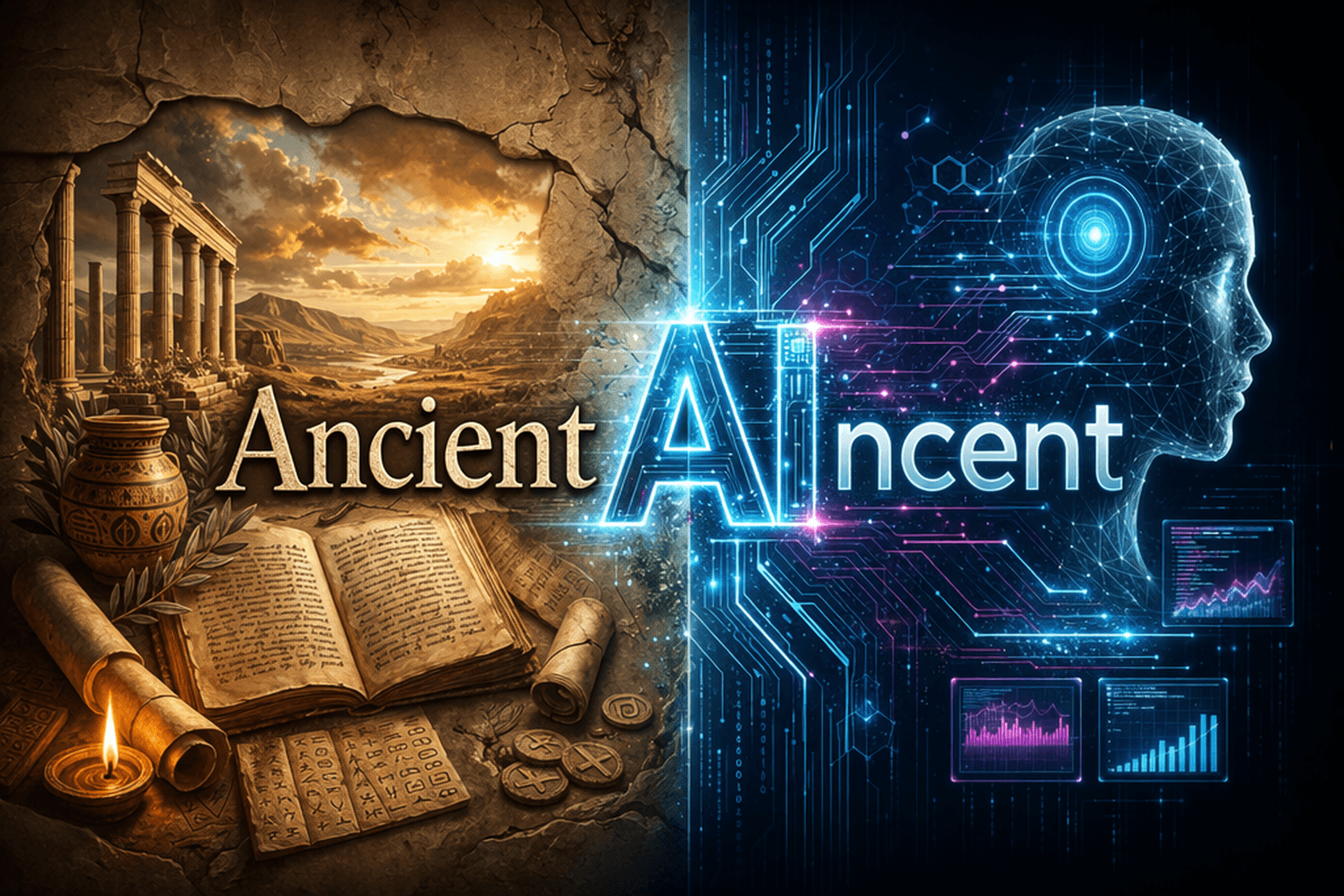 Aincent concept art bridging ancient judgment and AI systems
